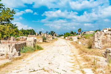 Fototapeta na wymiar Byzantine Road of Al Bass archaeological site in Tyre, Lebanon. It is located about 80 km south of Beirut. Tyre has led to its designation as a UNESCO World Heritage Site in 1984.