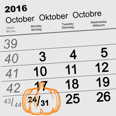 October 31 2016 Halloween. Date of wall calendar and pumpkin