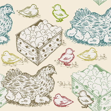 Hen with chicks seamless pattern farm fresh eggs