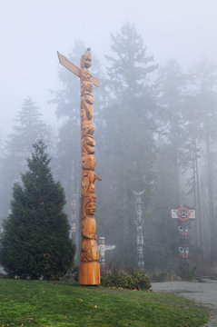 West Coast First Nations totem poles at Totem Park, Brockton Point, Stanley Park, Vancouver, British Columbia