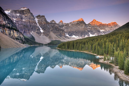Sunrise at Moraine Lake in the Valley of the Ten Peaks.  Banff National Park, Alberta, Canada.