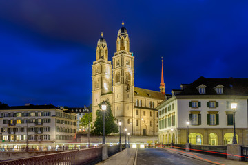 Night view of historic Zurich city center  on summer, Canton of Zurich, Switzerland.