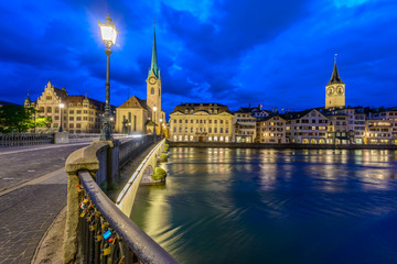 Fototapeta premium Night view of historic Zurich city center on summer, Canton of Zurich, Switzerland.