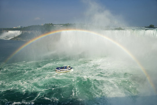 Horseshoe Falls and the American Falls and rainbow over the Maid of the Mist boat ride at Niagara Falls, Ontario, Canada