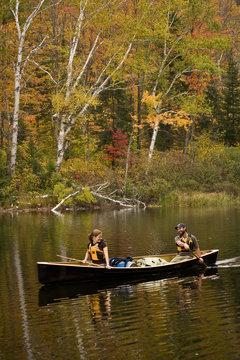 Young couple canoe on Oxtongue Lake in autumn, Mukoka, Ontario, Canada.