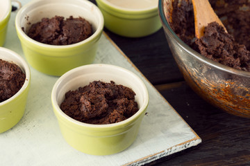 Dough for cooking chocolate dessert in baking dish