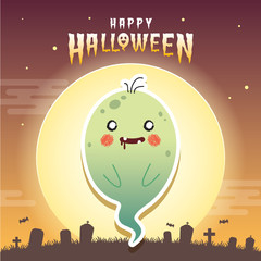 Happy halloween vector illustration. Cute ghost with zombie cosplay and cemetery. Halloween cartoon character design.