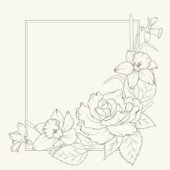 Rose and narcissus flowers corner frame design element - 122590451