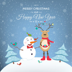 Christmas and New Year greeting card with happy snowman and deer. Blue background with snowflakes and trees.