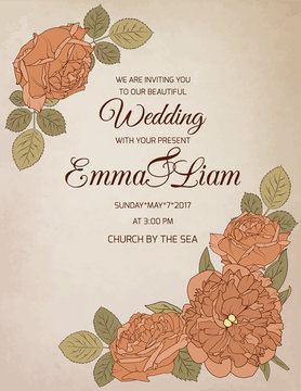 Wedding invitation card template with rose peony flowers. Vector illustration.