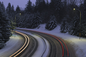 Freeway traffic at night_ Time exposure with light trails, British Columbia, Canada.
