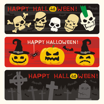 Happy halloween! Set halloween banners in cartoon style.