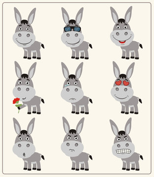 Vector set isolated funny donkey. Collection cute donkey in cartoon style.