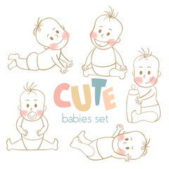 Cute little babies. Newborn baby icon. Smiling cartoon kids set. It can be used for baby shower cards, packaging design baby products, etc. Vector Illustration