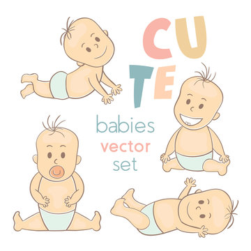 Cute little babies. Newborn baby icon. Smiling cartoon kids set. It can be used for baby shower cards, packaging design baby products, etc. Vector Illustration