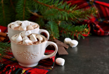 Obraz na płótnie Canvas Hot chocolate with marshmallows, cinnamon and spices on a black background