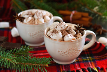 Hot chocolate with marshmallows, cinnamon and spices on a black background