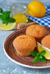 Homemade, lemon muffins with honey and mint 