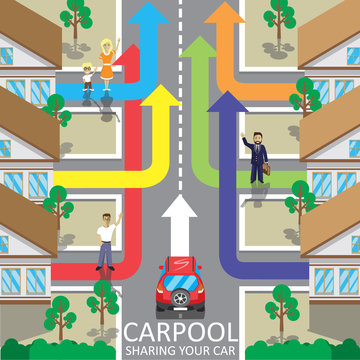 Carpool service vector illustration. Car sharing. Fellow traveler. Companions


