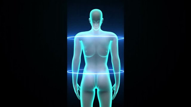 Female Human body scanning lymphatic system. Blue X-ray light.