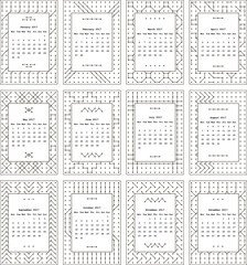 Calendar for two thousand seventeenth year. Separately every month. The pattern of dots and lines. Black-and-white.