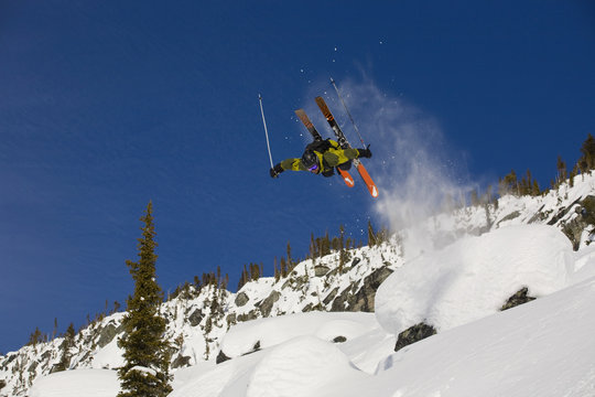 A skier catching air at Rogers Pass, Glacier National Park, British Columbia, Canada