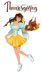 Happy Thanksgiving Day. Cute girl waiter brings a tray of roast turkey, vegetables and fruit