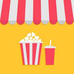 Striped store awning for shop, marketplace, cafe, restaurant. Red white canopy roof. Popcorn and soda with straw. Cinema icon. Flat design. Yellow background. Isolated.