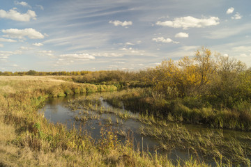 Autumn landscape with river on background sky