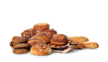 Assortment of sweet tasty pastries isolated on white