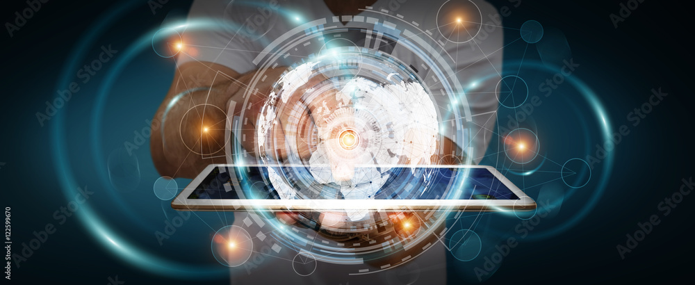 Poster businessman using hologram screen with digital data