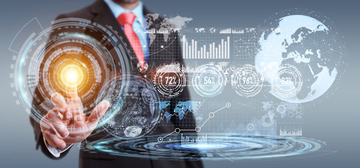 Businessman using hologram screen with digital data