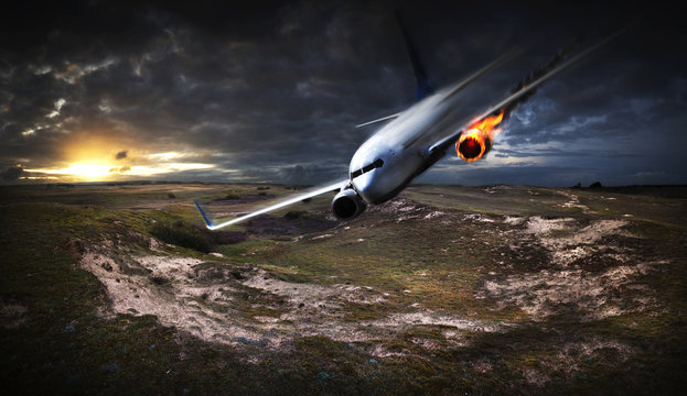 Plane crashing down with engine on fire