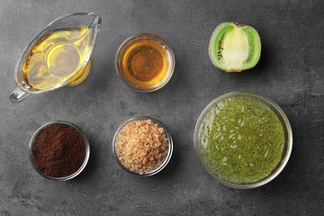 Homemade facial mask with natural ingredients on grey background