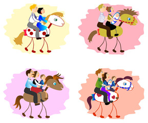 Obraz na płótnie Canvas Set of images of funny family - mother, father, children on horse. EPS10 vector illustration.