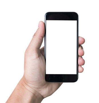 Isolated male hand holding a phone with white screen