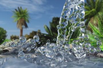 beautiful spa background. splash of water on a background of tropical plants.
