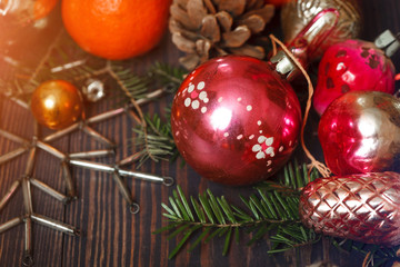 Vintage Christmas ornaments, tree branches and other decorations