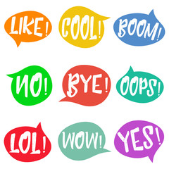 Set of nine different, colorful stickers at white background. speech bubbles with LOL, LIKE, BOOM, WOW, COOL, NO, BYE, OOPS, YES. Isolated, vector eps 10.