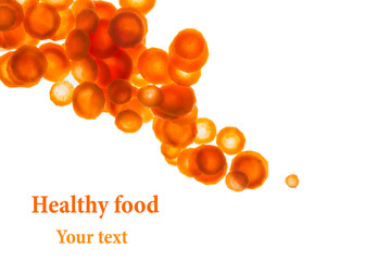 Fresh slices carrot isolated on white background. Isolated. Decorative food background.