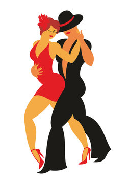 lady in a red dress and the gentleman in a hat dance the Argentina tango