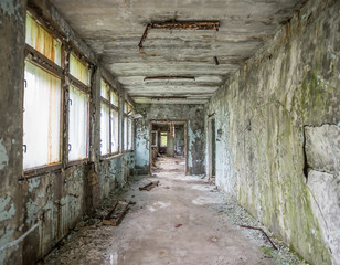 abandoned ruined corridor in Pripyat school
