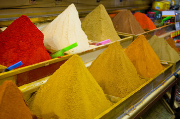Lot of spices on the market in Morocco