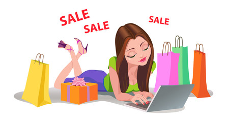 Happy Woman shopping online bads floor Internet