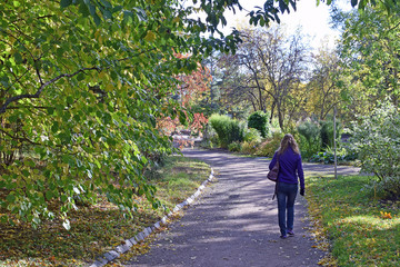 Fototapeta na wymiar Woman walking in autumnal park.