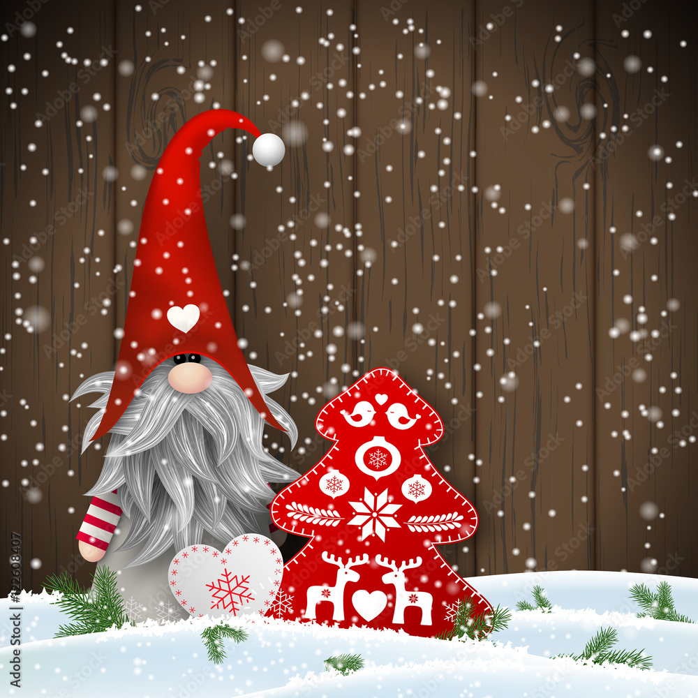 Wall mural scandinavian christmas traditional gnome, tomte with other seasonal decorations, illustration