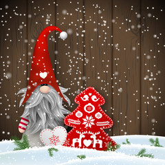 Scandinavian christmas traditional gnome, Tomte with other seasonal decorations, illustration
