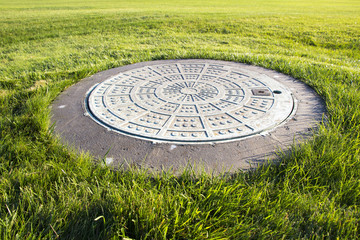 Closeup of a manhole and green grass