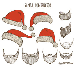 Stylish Santa. Hats and beards. Set of vector hand-drawn illustrations.