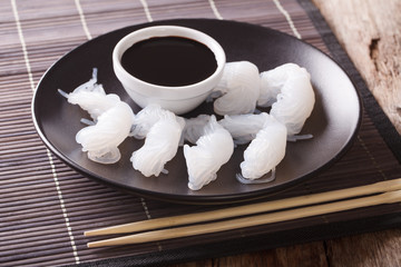 Shirataki pasta and soy sauce in a of Asian style. horizontal
